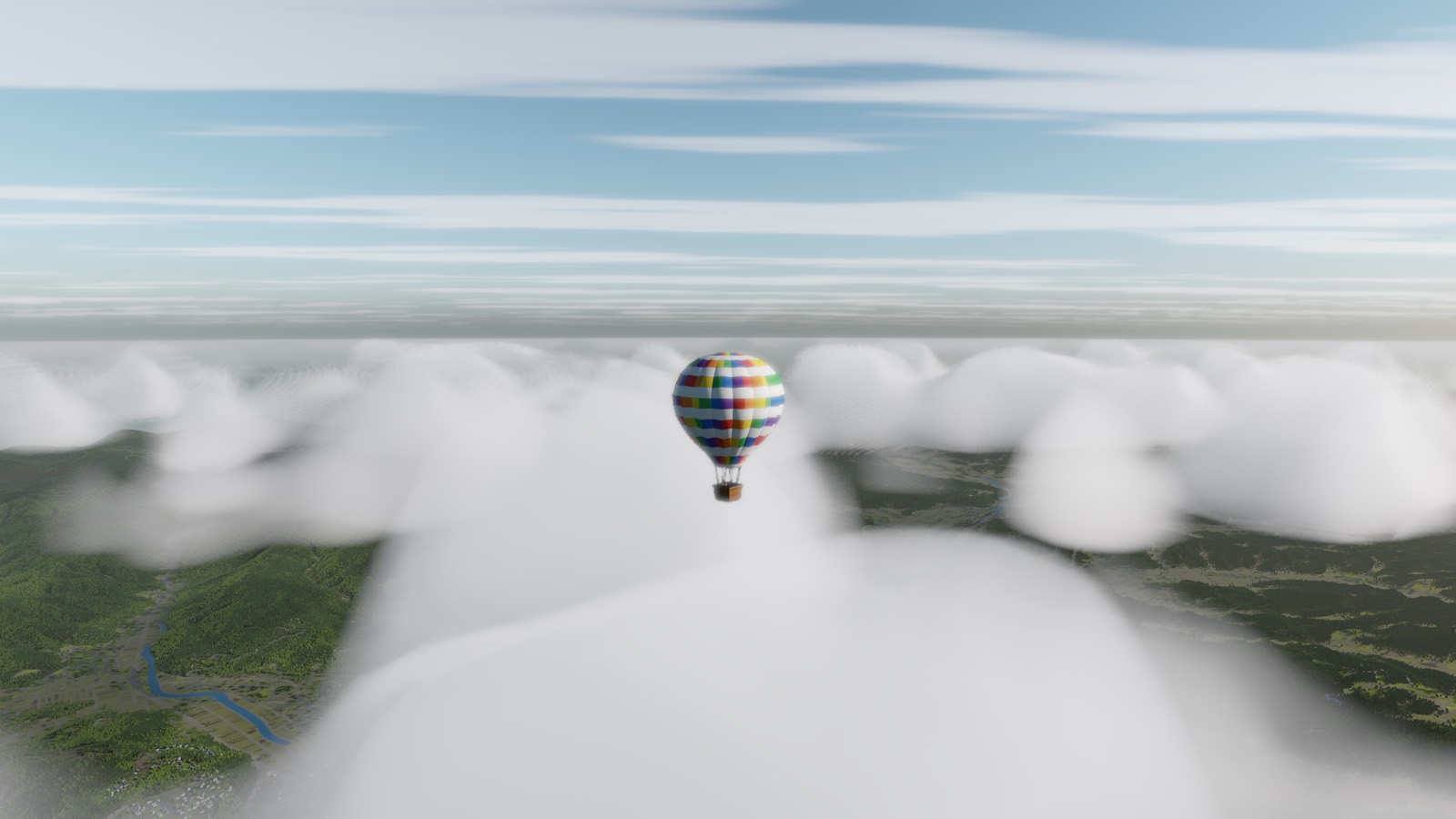 A balloon rising through a gap between cumulus clouds, farmland visible far below