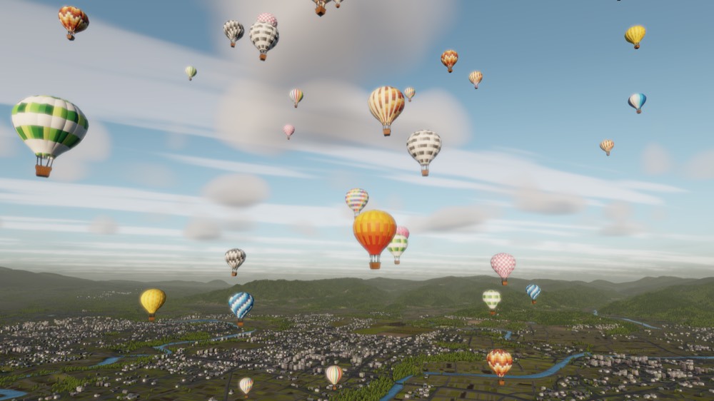 Balloons at two clearly different heights drifting over a town in golden light