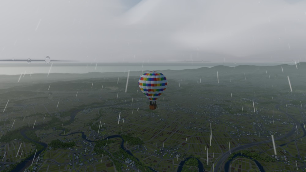 A balloon in heavy rain under a thunderstorm
