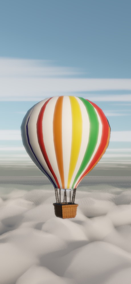 A balloon with bright primary-coloured gores above a sea of cloud