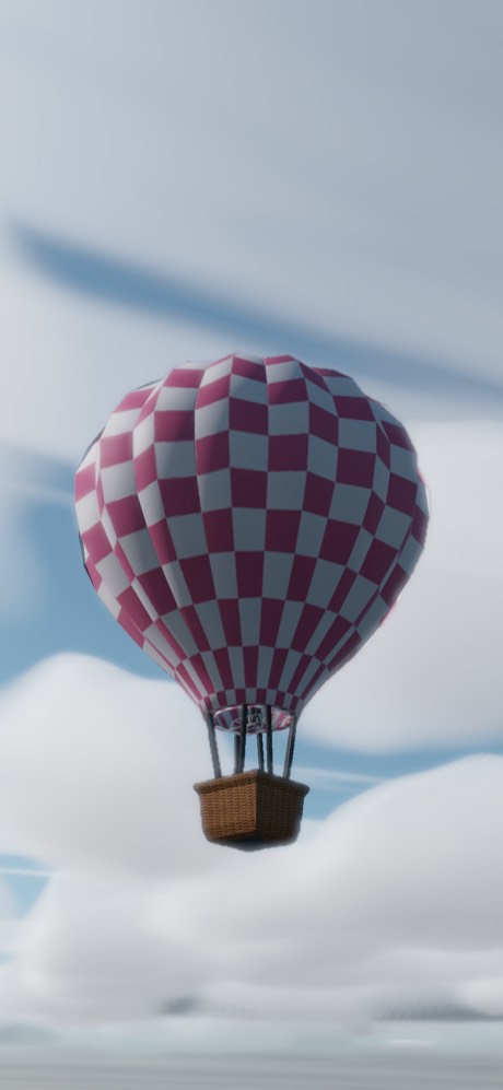 A plum and pale grey chequered balloon among fair-weather cumulus
